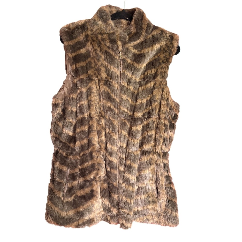 Bagatelle Faux Fur Vest Women L Brown Good Animal Print Zip Front Quilted Lining